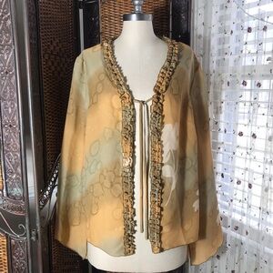 Vintage Women's Beige and Olive Tie-Front Ruffle Trim Top